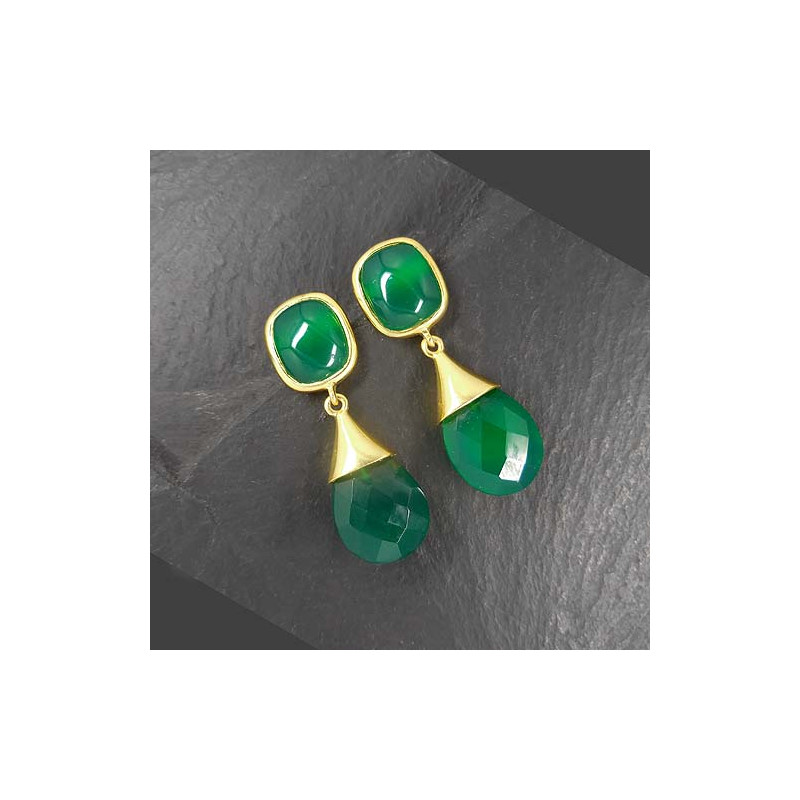 Grüne Achat Ohrringe 2 Steine Vergoldet